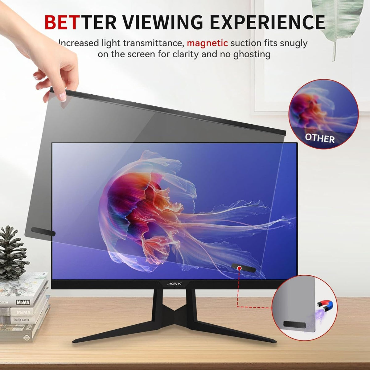 Magnetic 27 Inch Computer Privacy Screen Filter, Hanging Computer Screen Privacy Shield for 16:9 Monitor Removable Anti Blue Light Glare Eye Protection