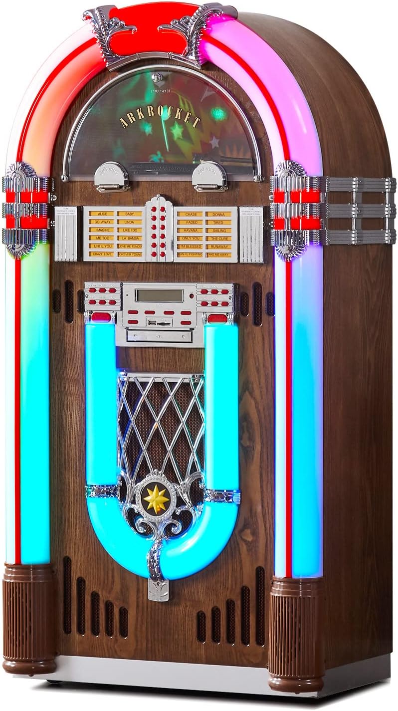 Arkrocket Saturn V Full Size Jukebox Vinyl Record Player Bluetooth USB SD CD Player Radio Retro Turntable Classic Jukebox 51 inch (Saturn V - Dark Oak)