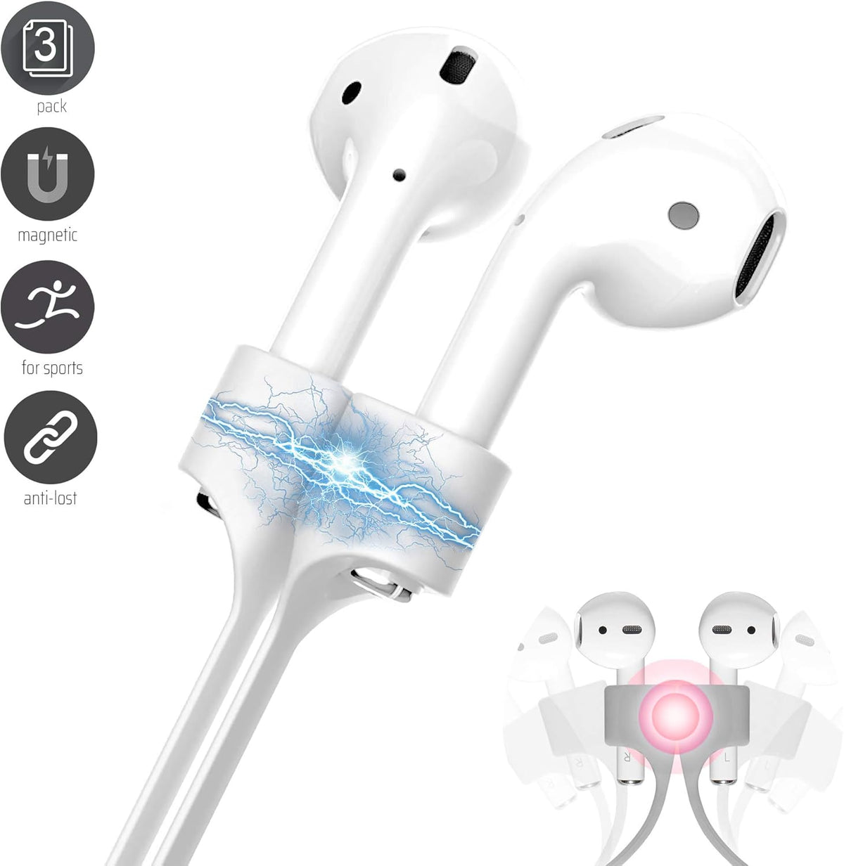 Ultra Strong Magnetic Airpod Pro Strap Anti-Lost Cord Sports Lanyard Compatible with Airpods 3rd 2nd Generation Pro 3 2 1 (3 White)