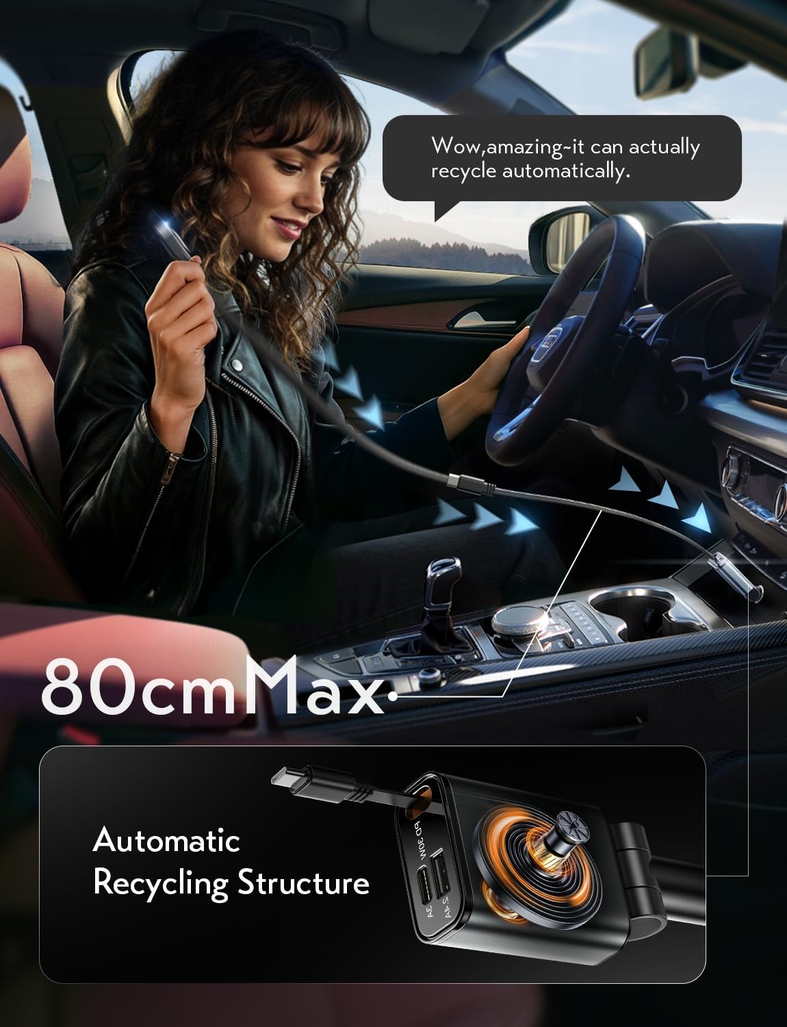 LISEN Car Charger USB C Fast Charging Retractable,【75% Less,Ultra Mini】 57W Fast iPhone 16/15 USBC Type C Car Charger Retractable for iPhone 16e 16 15 Pro Max Plus，Samsung Galaxy S25/24，Android,Black