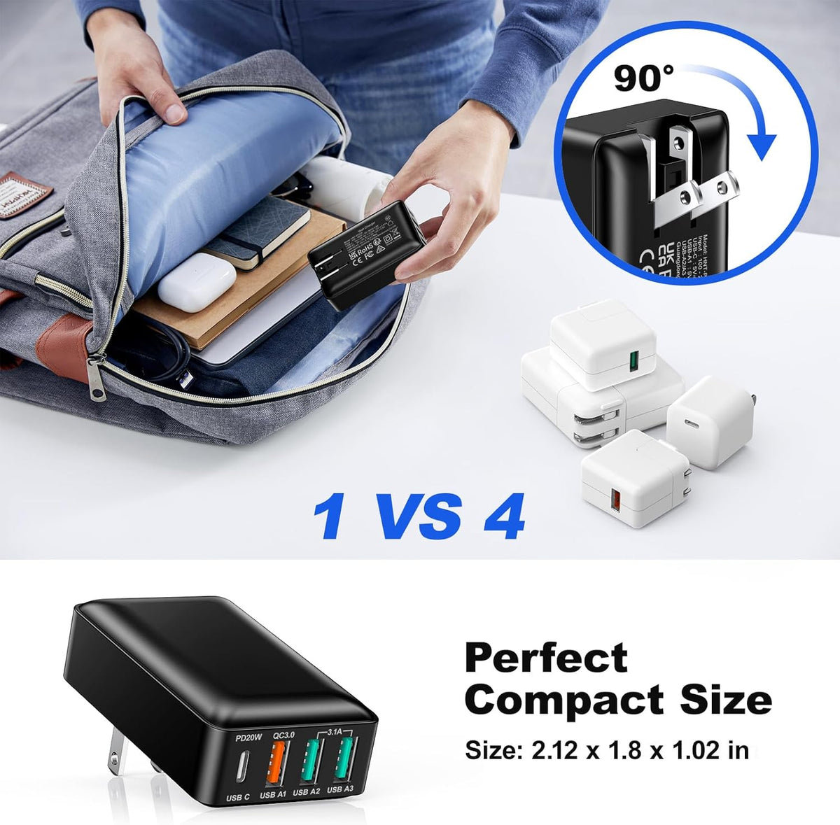 USB C Wall Charger 40W, Excgood 4Port USB Charging Block Flat Foladable Wall Plug PD+QC Power Adapter Multiports for iPhone 16 15 Pro Max 14 13 XR iPad Galaxy S24 S23 Watch Air-Pods -3Pack