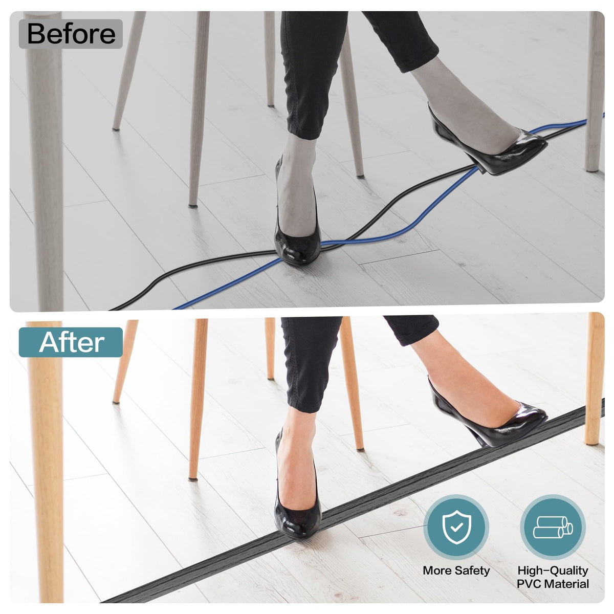 Floor Cord Cover Self Adhesive Cord Hider Floor Extension Cord Covers for Floor Power Cord Protector Cable Management Prevent Cable Trips Cable Cavity 0.47" W x 0.27" H (Deep Grey Wood, 20Ft)