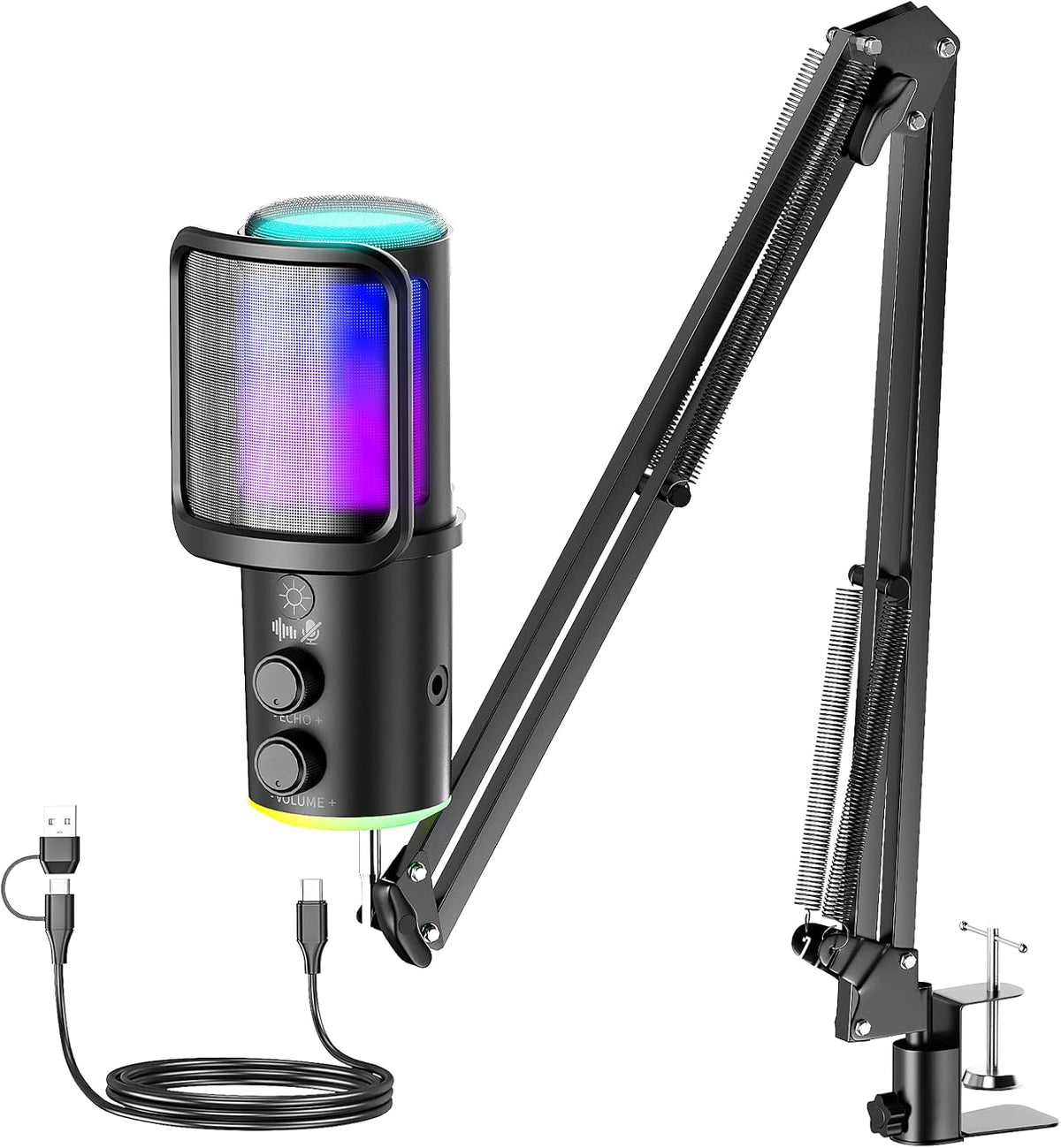Gaming USB Microphone Kit with Boom Arm - RGB Condenser Mic with Noise Cancellation, Mute Button Reverb Adjustment, Monitoring for Streaming, Podcasting, Discord, YouTube