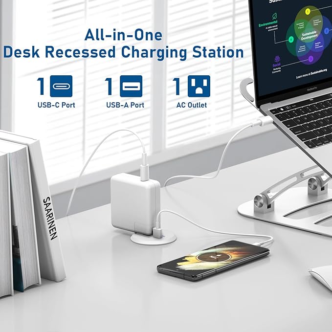 Desktop Power Grommet 2 Inch Hole, PD 30W USB C Fast Charging Station, Recessed Outlet, Ultra Thin Flat Plug Power Strip, Slim Extender, Table Outlets for Home, Office, 6ft Cord, White