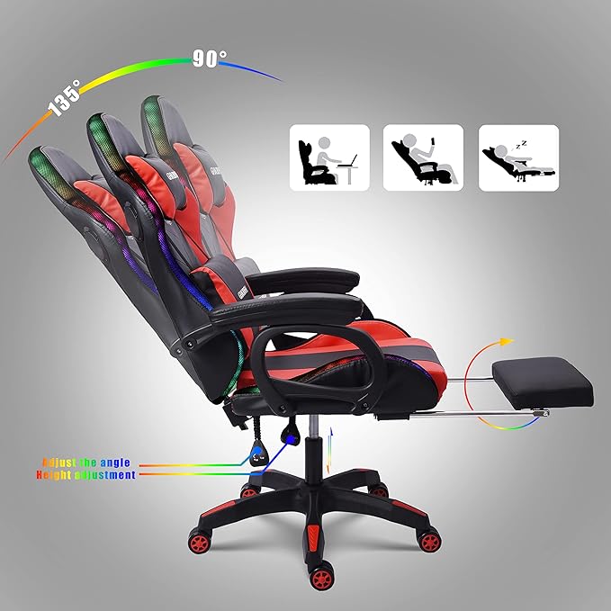 TBQATNTS Ergonomic Gaming Chair with Massage and Speaker Gaming Chair with Footrest Headrest and Lumbar Support Racing Chair with RGB Lights Gaming Chair for KidsGaming Chair for Adults.Red