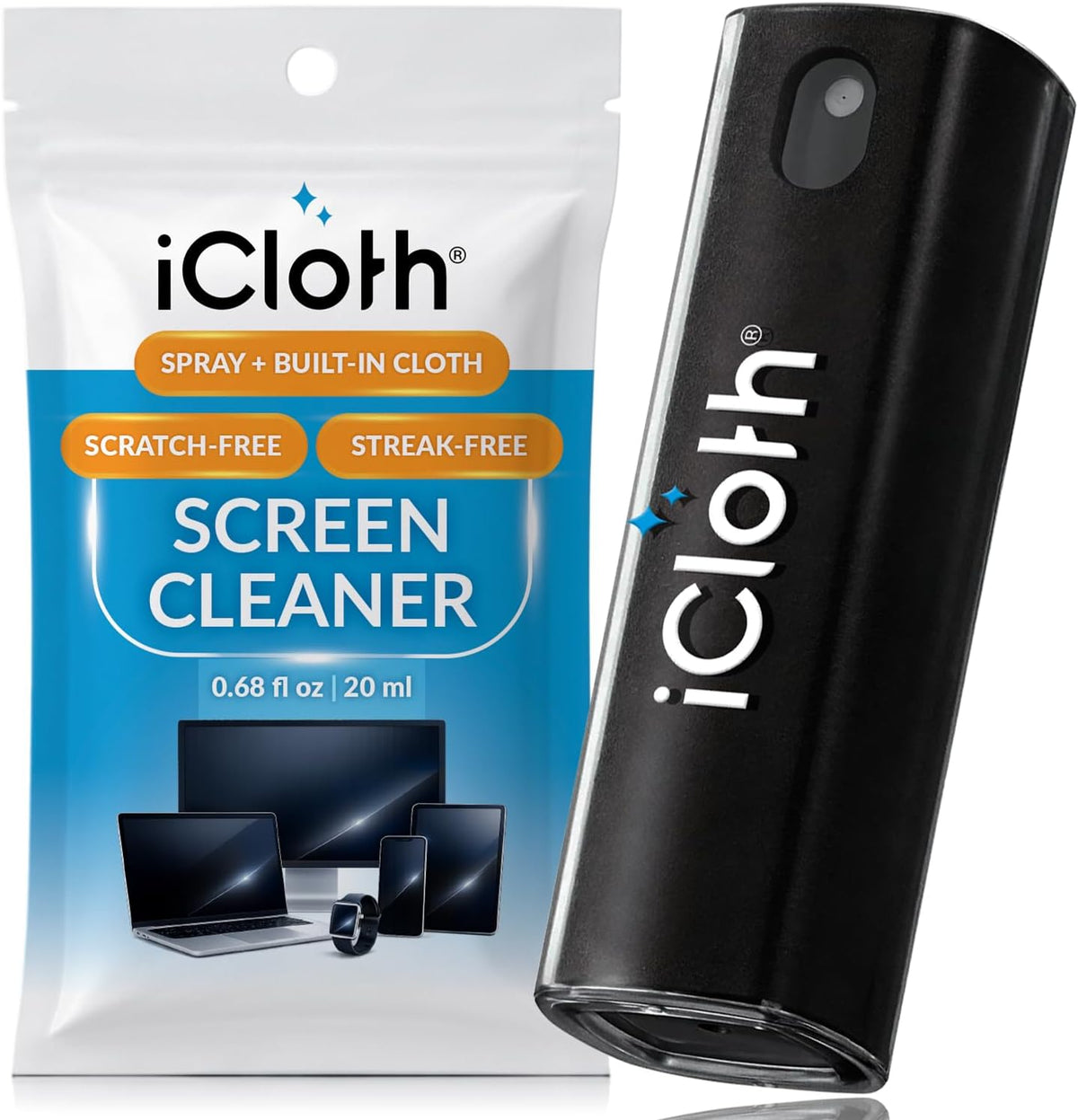 iCloth 2-in-1 0.68 oz (20ml) Screen Cleaner Spray with Built-in Microfiber Cloth for Laptops, Tablets, Phones, Car