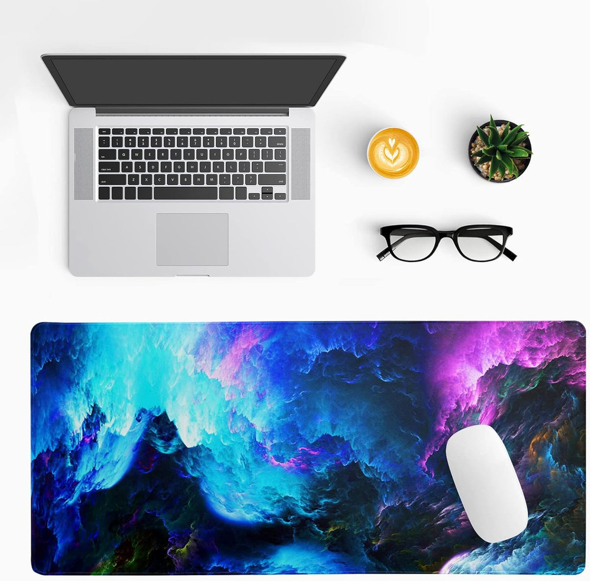Dazzling Galaxy Gaming Mouse Pad 31.5x11.8 Inch Blue Purple Galaxy Nebula Universe Space Large Mousepad Non-Slip Rubber Base Stitched Edges Keyboard Mouse Mat Desk Pad for Office Home and Game