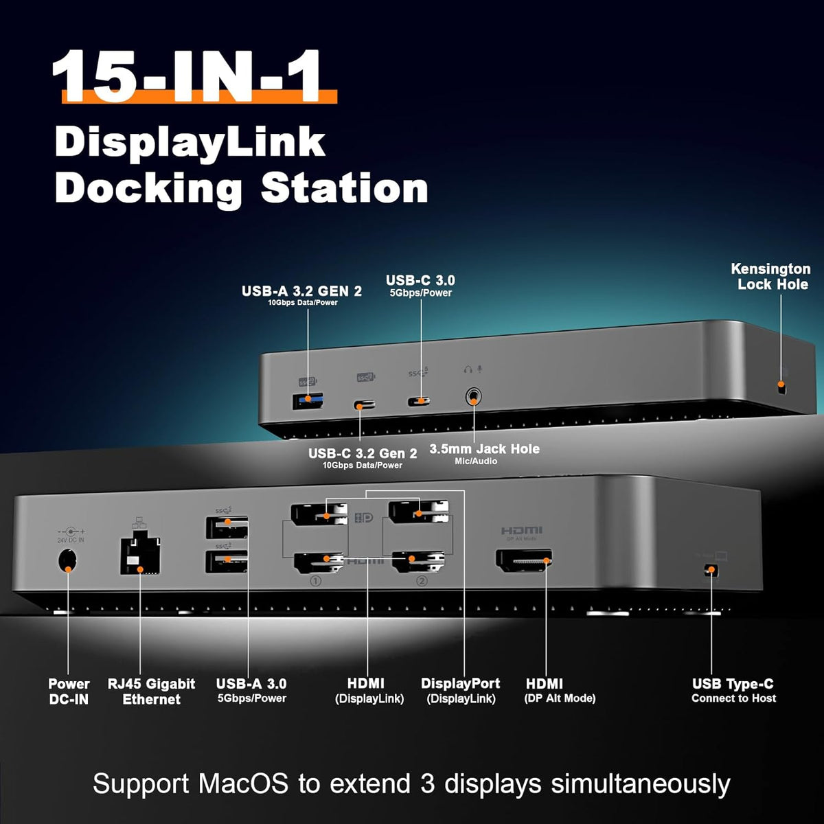 DisplayLink Docking Station 3 Monitors with 130W Power Supply,15 in 1 USB C Triple 4K Display Dock for M1 M2 M3 M4 Thunderbolt MacBook Pro/Air and USB-C/A Port Windows Laptops (3 HDMI, 2 DP)