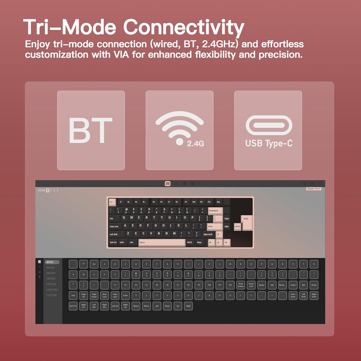 KEEBMONKEY WOBKEY Rainy 75 CNC Aluminum HMX/JWK/Cocoa Switches Triple-Mode Connectivity Mechanical Keyboard with Superior Acoustics, RGB/FR4/Silver SUS304/7000mAh/Cocoa Switch (Pro - Red Velvet)