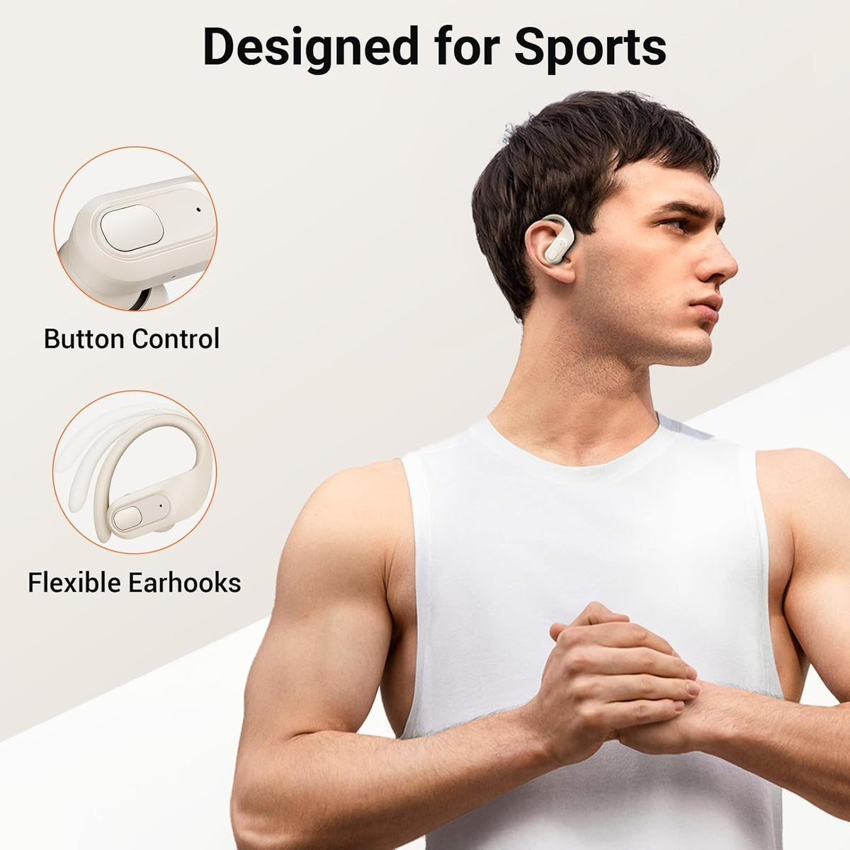 occiam Wireless Earbuds Bluetooth Headphones Ear Buds 96Hrs Playback Sport Over-Ear Waterproof Wireless Headphones Earphones with Earhooks ENC Mics Clear Call for Sport Running Workout (Ivory)
