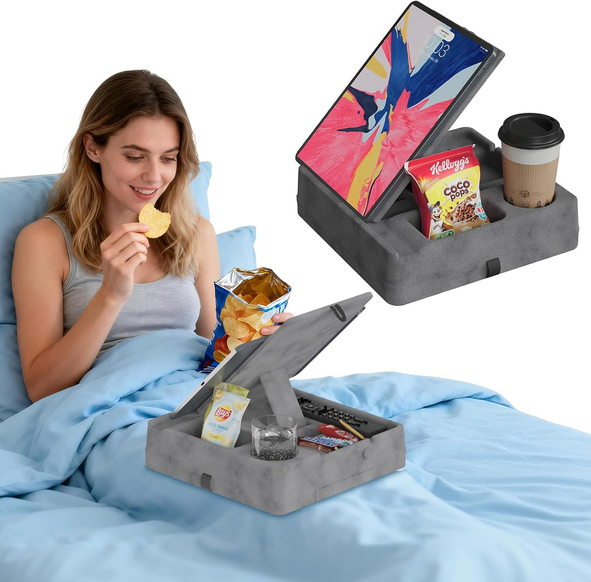AEWOTING Tablet Pillow Stand for Lap, Bed and Desk, Foldable Soft iPad Holder with Snack Bowl