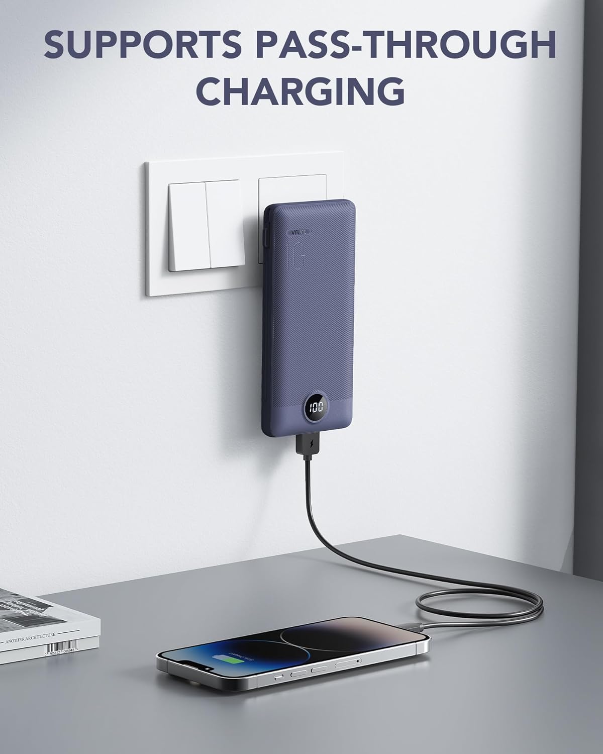 VRURC Portable Charger Built-in Cables and AC Wall Plug, USB C Power Bank 10000mAh, Travel Battery Portable Phone Charger Compact Lightweight External Battery Pack for Smart Phones, Tablets etc-Navy