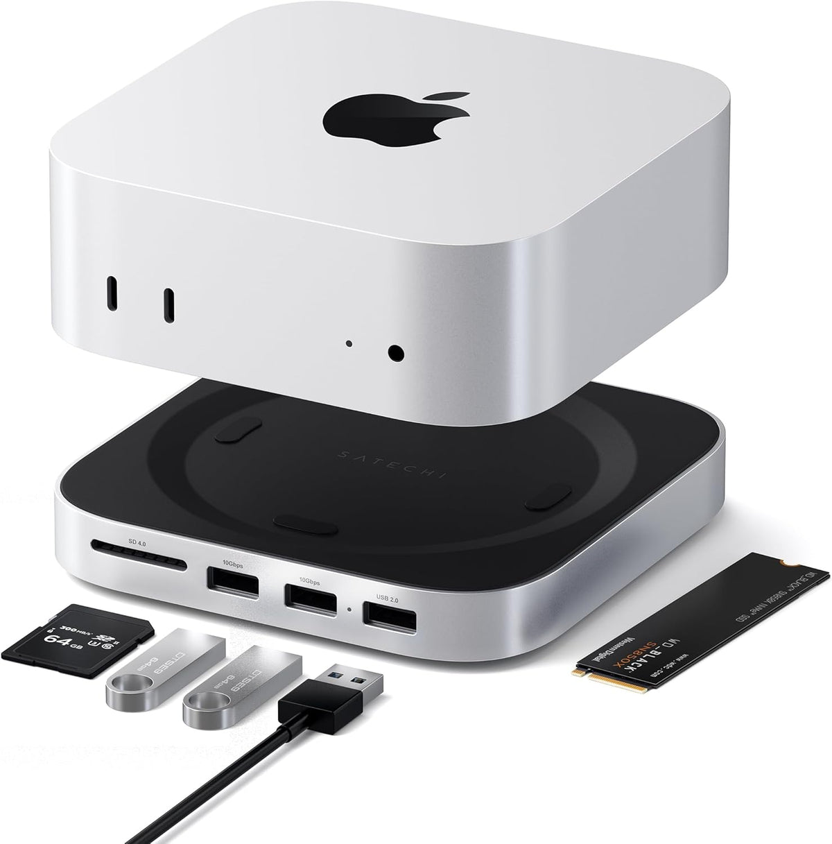 Satechi Mac mini M4 Hub & Stand with NVMe SSD Enclosure, Mac mini M4 Dock with 2xUSB A Up to 10Gbps, USB A Data Port, SD Card Reader for Mac mini M4, Mac mini M4 Pro - Silver