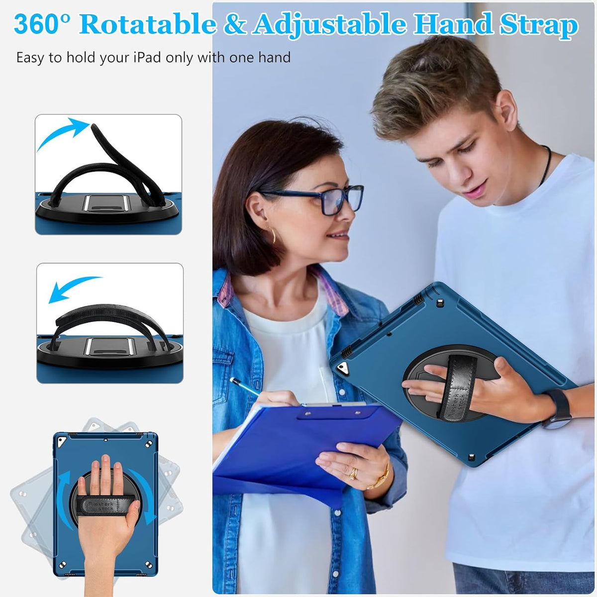 Case for iPad Pro 12.9 2nd Generation 2017& 2015 1st Generation, Heavy Duty TPU Protective Cover with Screen Protector- 360° Rotatable Stand + Handle Hand & Shoulder Strap + Pencil Holder- Blue