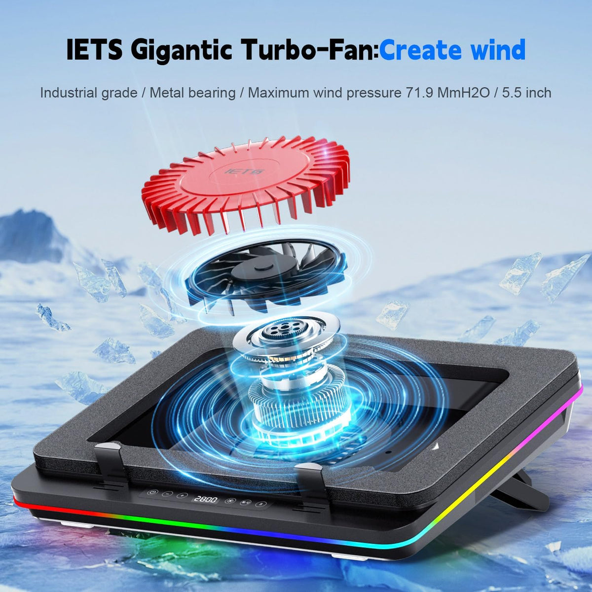 GT600 RGB Laptop Cooling Pad Equipped with Gigantic Turbo-Fan（5.5inch Diameter）,Sealed Foam for Rapid Cooling Gaming Laptop,14.1-19.3 inch Laptop Cooler with 3-Port USB Hub,Dust Filter