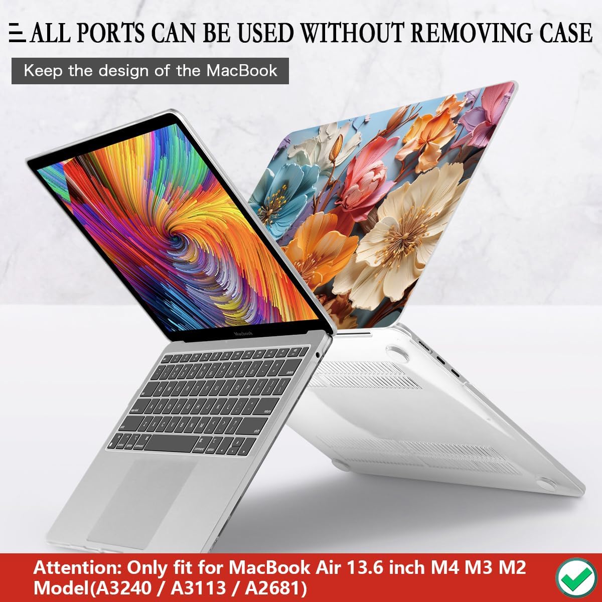 CISSOOK for MacBook Air 13 inch M2 M3 M4 Case 2022 2023 2024 2025 Release, Flower Hard Shell Cases with Keyboard Cover OTG Adapter for MacBook Air 13.6 inch A3240 M3113 A2681
