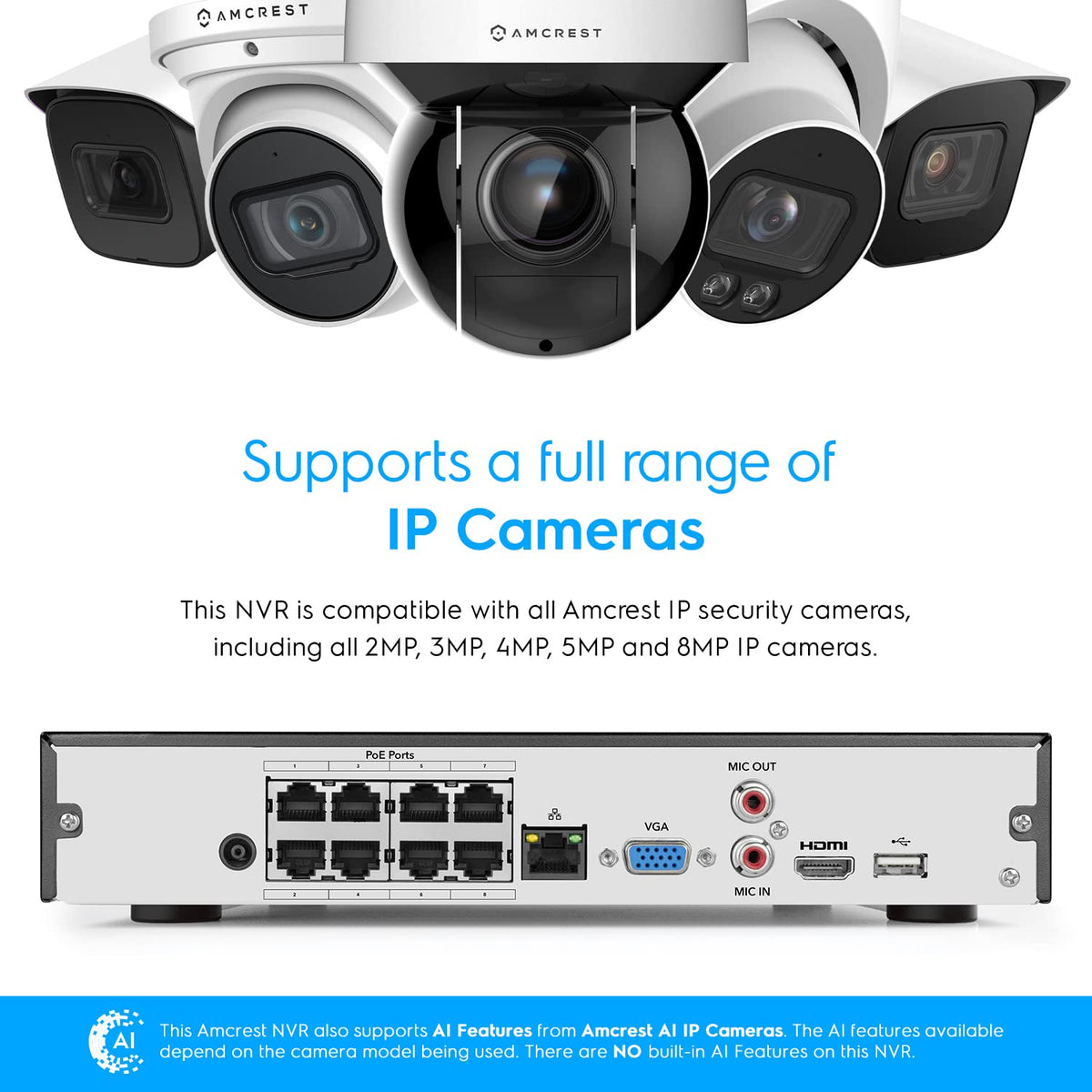 Amcrest 4K 16CH 8 Port PoE NVR NV4116E-A2 (1080p/3MP/4MP/5MP/8MP) Network Video Recorder, 16CH (8-Port PoE) NVR - Supports up to 16 x 8-Megapixel IP