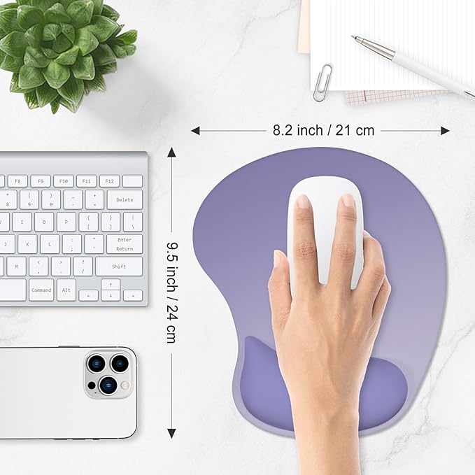 ITNRSIIET Ergonomic Mouse Pad, Cushioned Gel Wrist Rest, Non-Slip Base, Smooth Surface, Compatible with All Mice for Office & Gaming, Desk Accessory, 9.5 x 8.2 inch, Purple Gradient