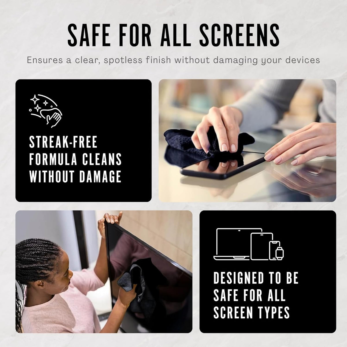 Delete Screen Cleaner Spray Kit, 16oz Bottle and 12"x12" Microfiber Cleaning Cloth, Streak-Free, Safe and Gentle Formula, Multi-Purpose for Devices, Large TVs, Computers, Monitors, Smart Phones