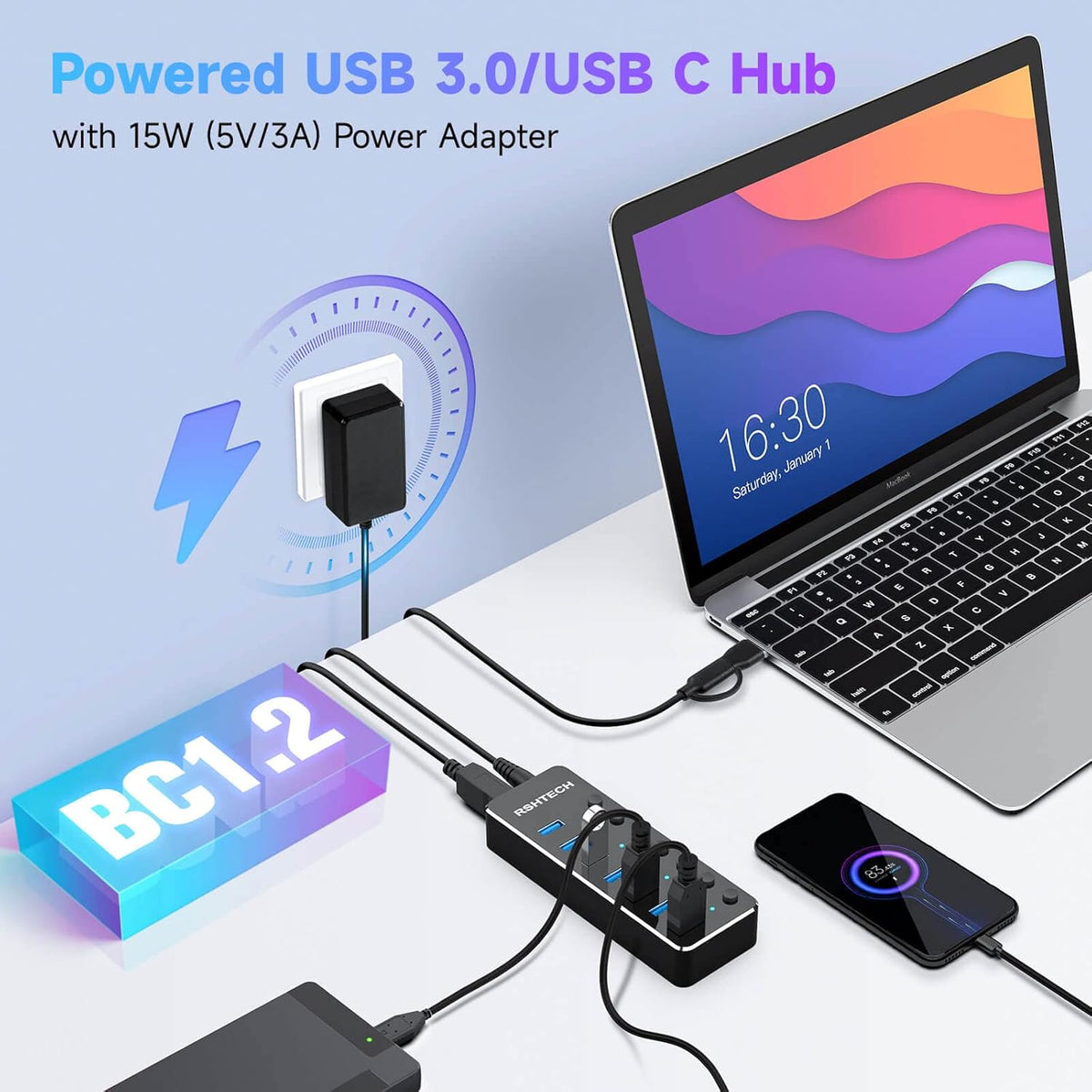 Powered UBS Hub, RSHTECH 7 Port USB 3.0/USB C Hub Upgraded Version Aluminum USB Splitter with 2-in-1 USB Cable,5V 3A Power Adapter and Individual Switches, USB Port Expander for Laptop/PC, RSH-ST07