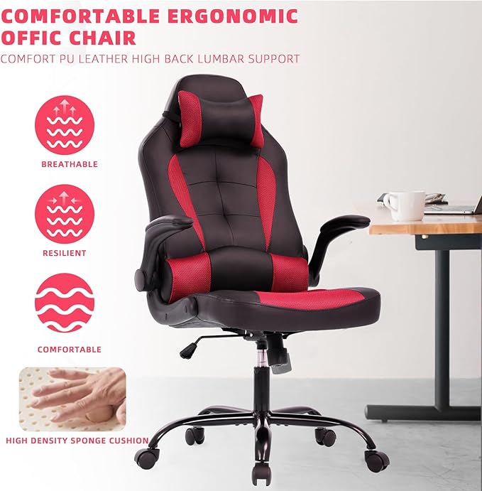 Video Gaming ChairErgonomic Computer Office Desk Chair with Lumbar Support Flip Up Arms Adjustable Height Swivel PU Leather Executive with Wheels for Kids Adults Women Men Gaming Home Office(Red)