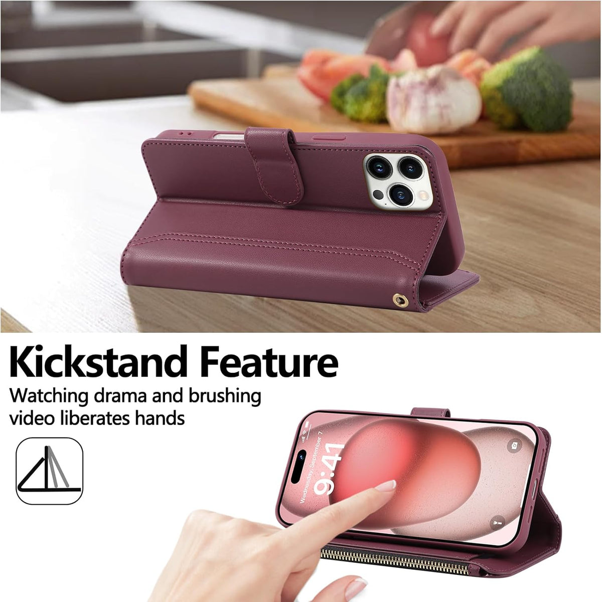 Compatible with iPhone 15 Pro Wallet Phone Case-PU Leather Magnetic Flip Cover with Credit Card Slots,Zipper Pocket & Detachable Wrist Strap,Shockproof Design,for Women and Men-Claret
