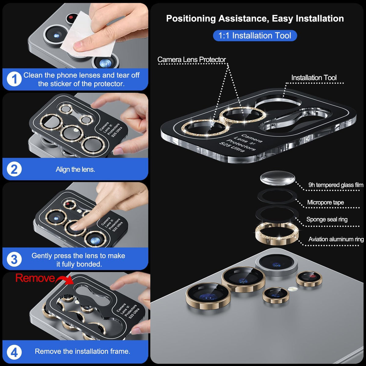 WSKEN for Samsung Galaxy S25 Ultra Camera Lens Protector - Ultra Thin Case Friendly, 9H Shatterproof Tempered Glass with Aluminum Metal Circle Camera Screen Protector Cover Accessories, Glitter Gold