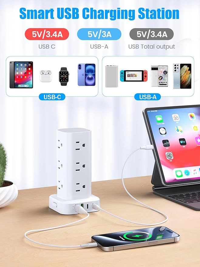 Tower Power Strip with 15W Wireless Charger, 6FT Flat Plug Extension Cord with Multiple Outlets, 12 AC Outlets, 4 USB Ports (2 USB C) Charging Station Surge Protector for Office Home Dorm Room (White)