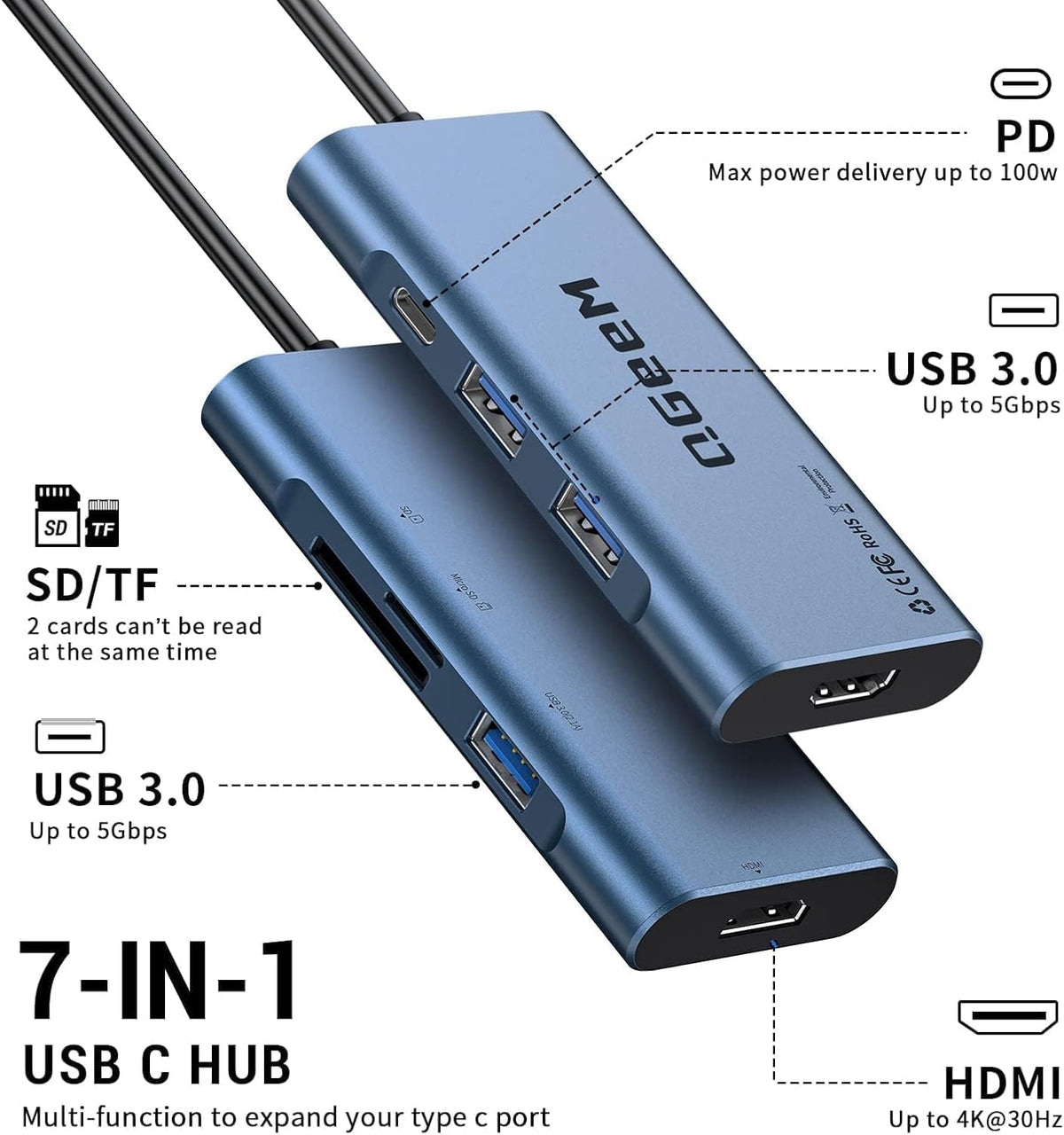 USB C Hub, QGeeM USB 4k to HDMI Adapter, 7 in 1 USB-C Dongle with 100W PD,USB 3.0, Card Reader, Compatible for MacBook iPhone 15/16 Ipad Pro max,Chromebook Laptop USB Type C Dock-Blue