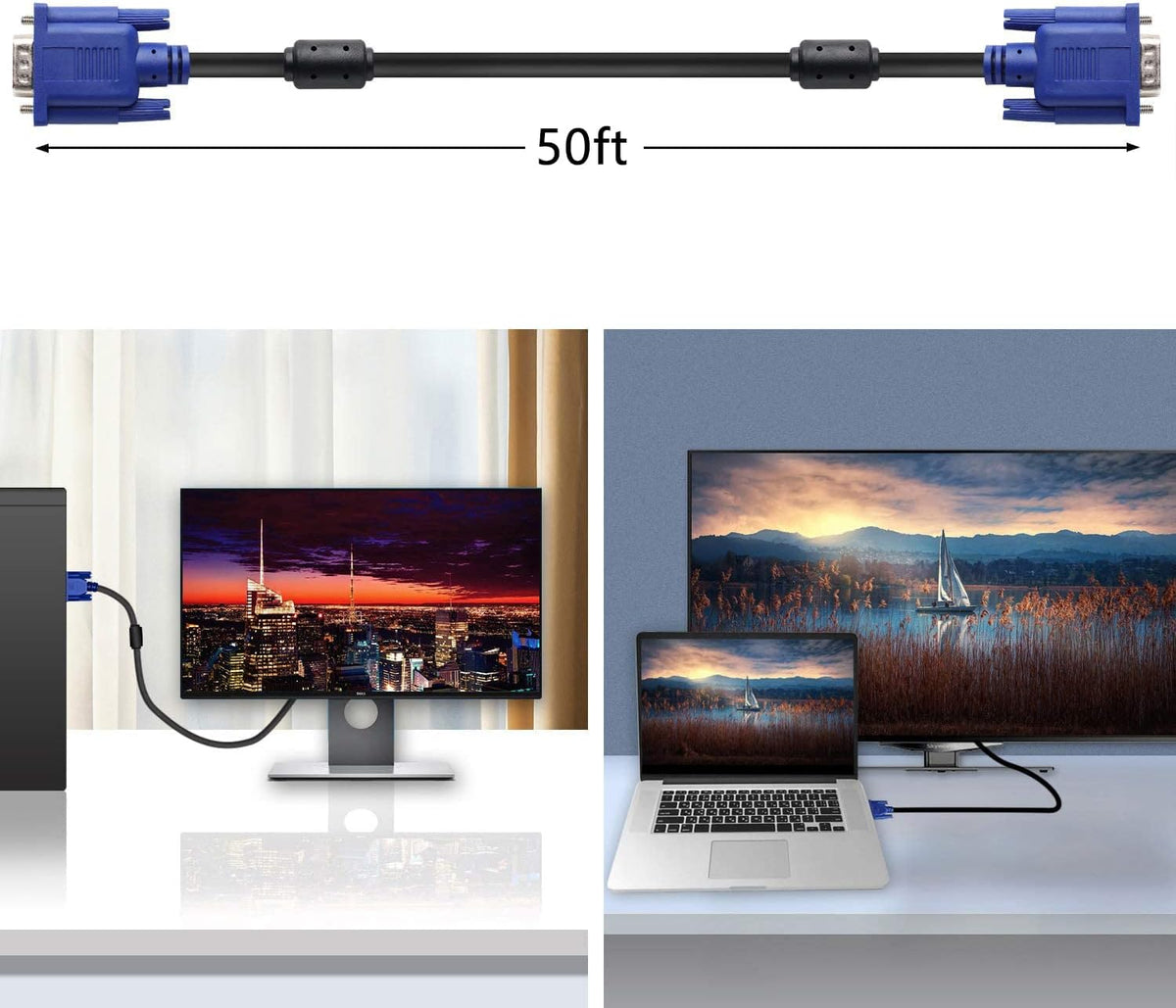 PASOW VGA to VGA Monitor Cable HD15 Male to Male for TV Computer Projector (50 Feet)