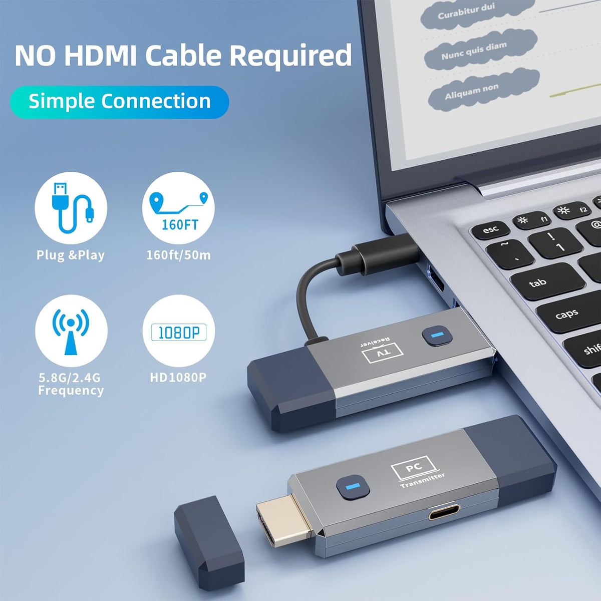 Wireless HDMI Transmitter and Receiver, 165ft/50m Wireless HDMI for 4K Decode Input 1080P Output, Plug&Play Portable 2.4G/5.8G for Video and Audio to Monitor from PC/Projector/TV Box