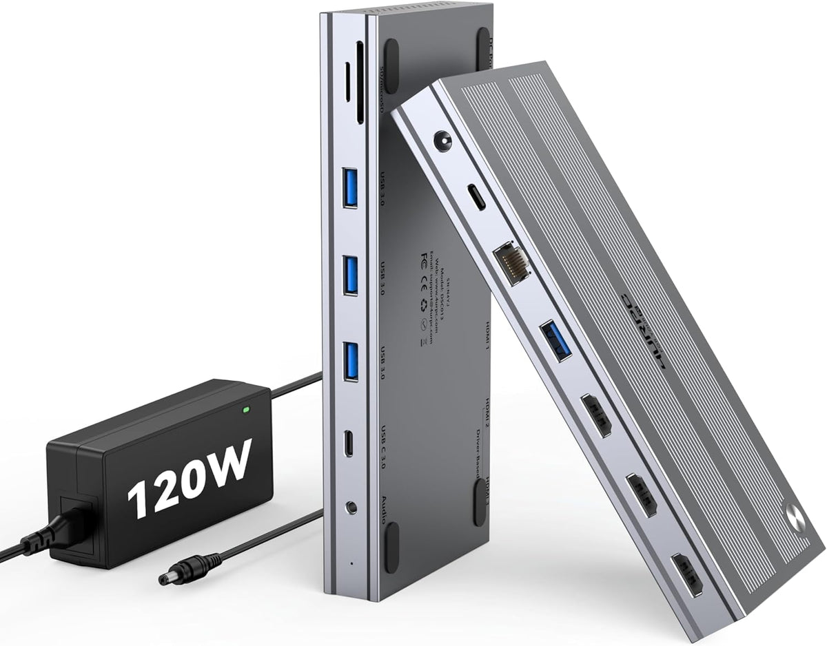 USB C Docking Station 3 Monitors with 120W Power Adapter, 4URPC Displaylink Docking Station 3 HDMI for MacBook/Mac mini M4, Windows, and Chrome with USB C(3 HDMI, 5 USB, Ethernet, SD/microSD)