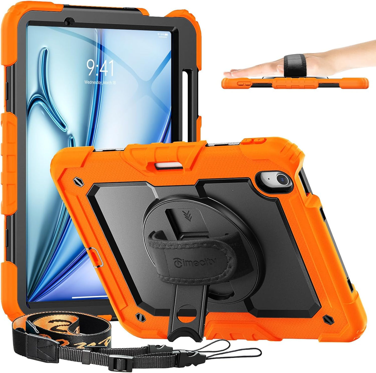 timecity Case for iPad Air 11 Inch M3/ M2 (2025/2024), 360° Rotating Stand, Pencil Holder & Wireless Charging, Shockproof with Screen Protector & Shoulder Strap - for Designers, Orange