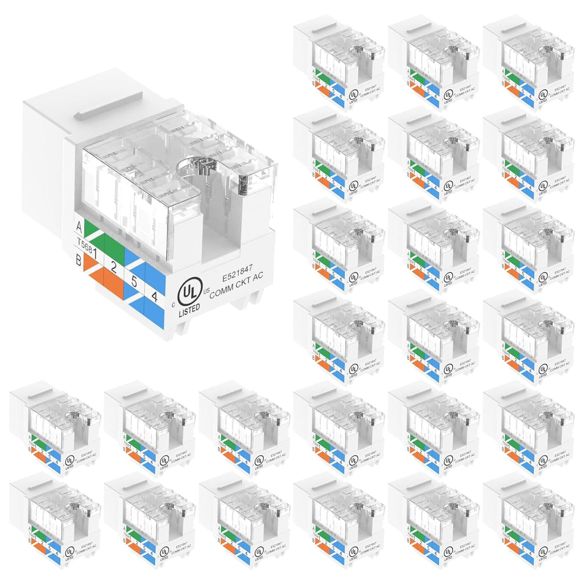 VCE UL Listed 10Gbps Cat6 Keystone Jack Insert 25-Pack, 90 Degree Punch Down RJ45 Keystone Jack Adapter Slim Profile for Patch Panel and Wall Plate