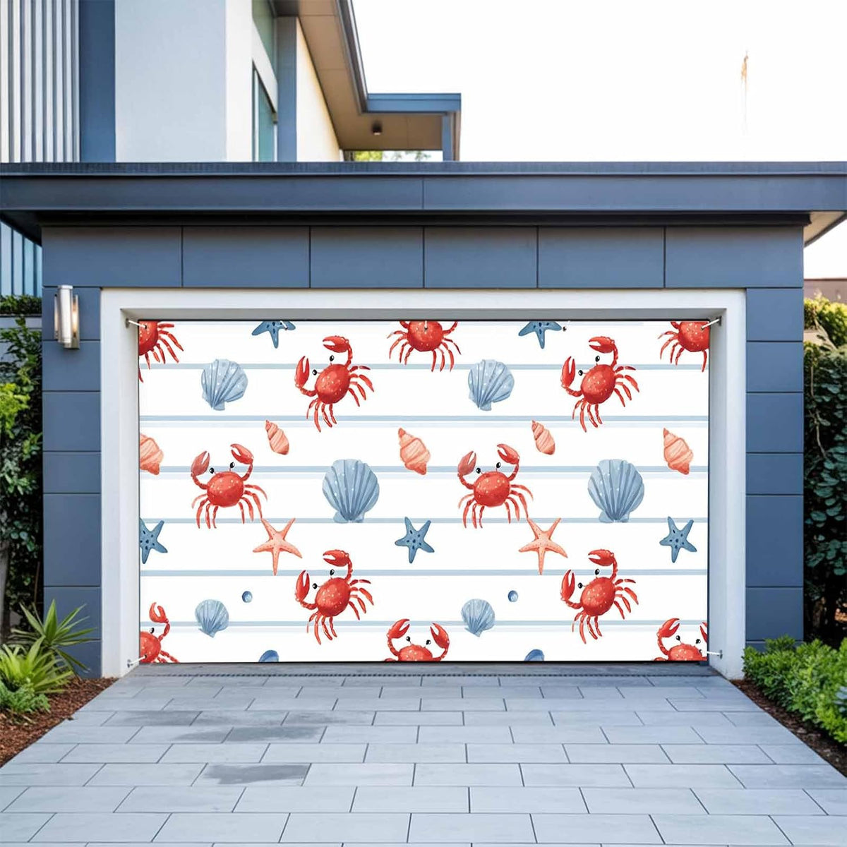 GNAKT AREWG 13x6ft Summer Garage Door Banner Cover Crab Starfish Shell Conch Garage Door Decoratons Banner for Indoor