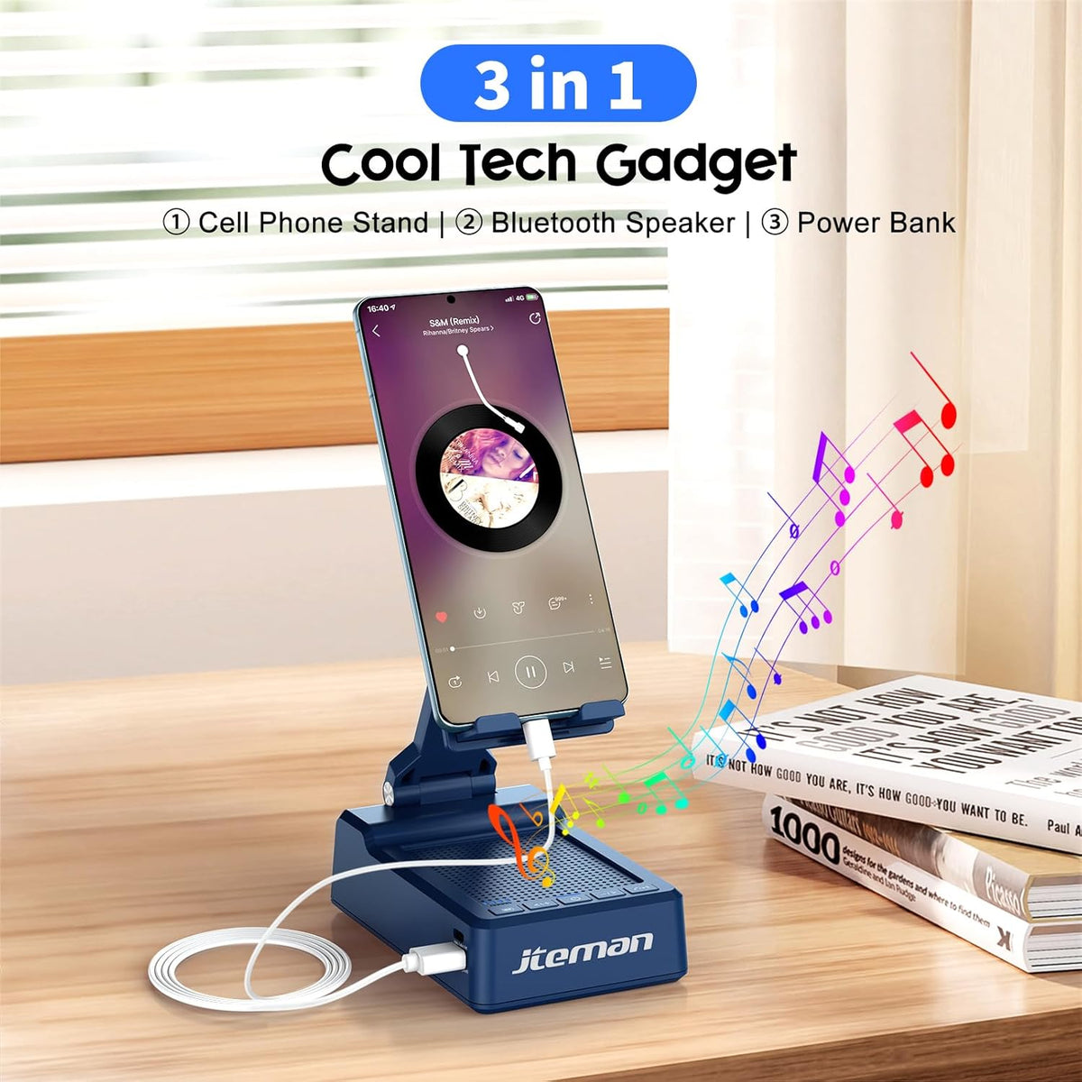 JTEMAN Gifts for Men Women,Cell Phone Stand with Bluetooth Speaker,Cool Tech Gadgets,Unique Birthday Gifts for Men Husband Mom Dad-Blue