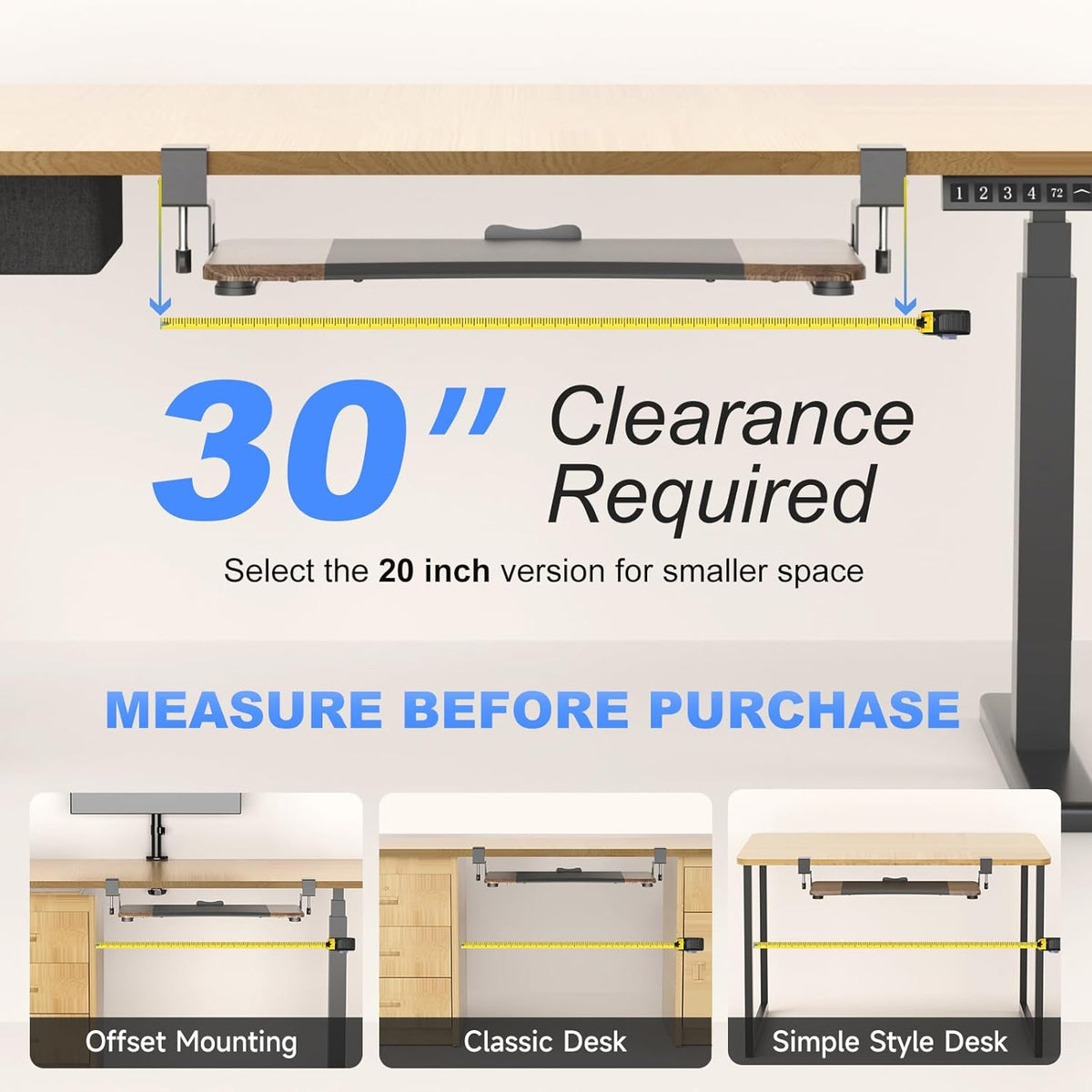 suptek Keyboard Tray Under Desk Pull Out with C Clamp Mount, Computer Keyboard & Mouse Tray, 25.6 (30 Including Clamps) x 11.8 inch Slide-Out Platform Computer Drawer for Typing, DSF1C
