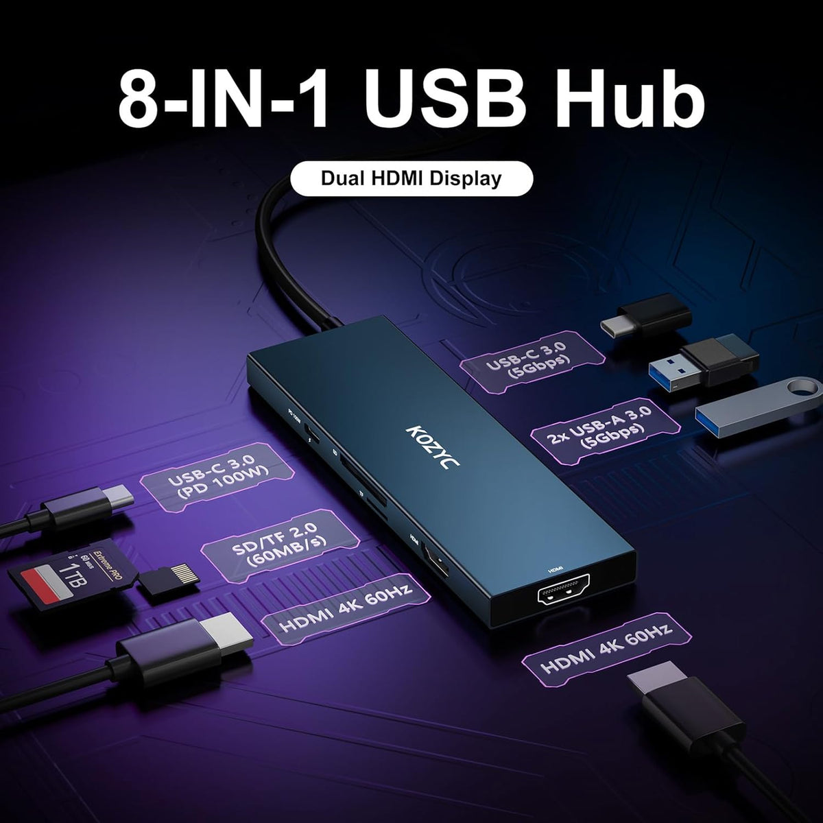 USB C Docking Station Dual HDMI 4K@60Hz, 8-in-1 USB C Hub 2 HDMI, USBC 3.0, 2xUSB-A 3.0, SD/TF, 100W PD, Laptop Docking Station Dual Monitor Compatible with HP, Dell