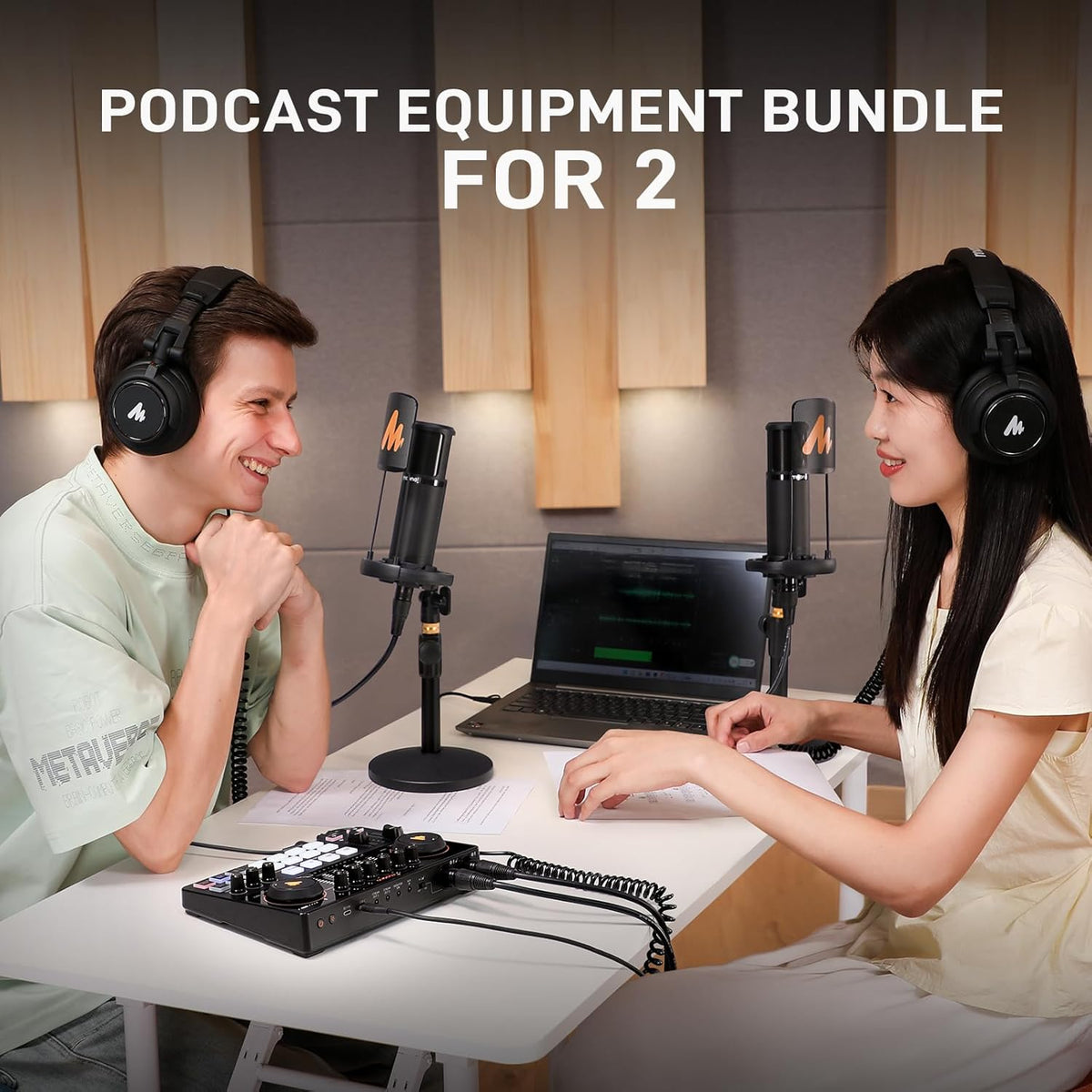 MAONO Podcast Equipment Bundle for 2: Audio Interface Mixer with 2 XLR Condenser Mic Noise Reduction Podcast Streaming MaonoCaster E2 Gen2B
