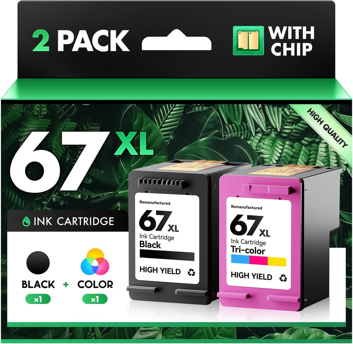 67XL Ink Cartridges Black Tri-Color Combo Pack Replacement for HP Ink 67 67XL Compatible with DeskJet 2855e 2755e 2700 2700e 2800e 4155e 4255e 2734e 4100 2827e 4100e Envy 6055e 6000 6400 6455e Printer