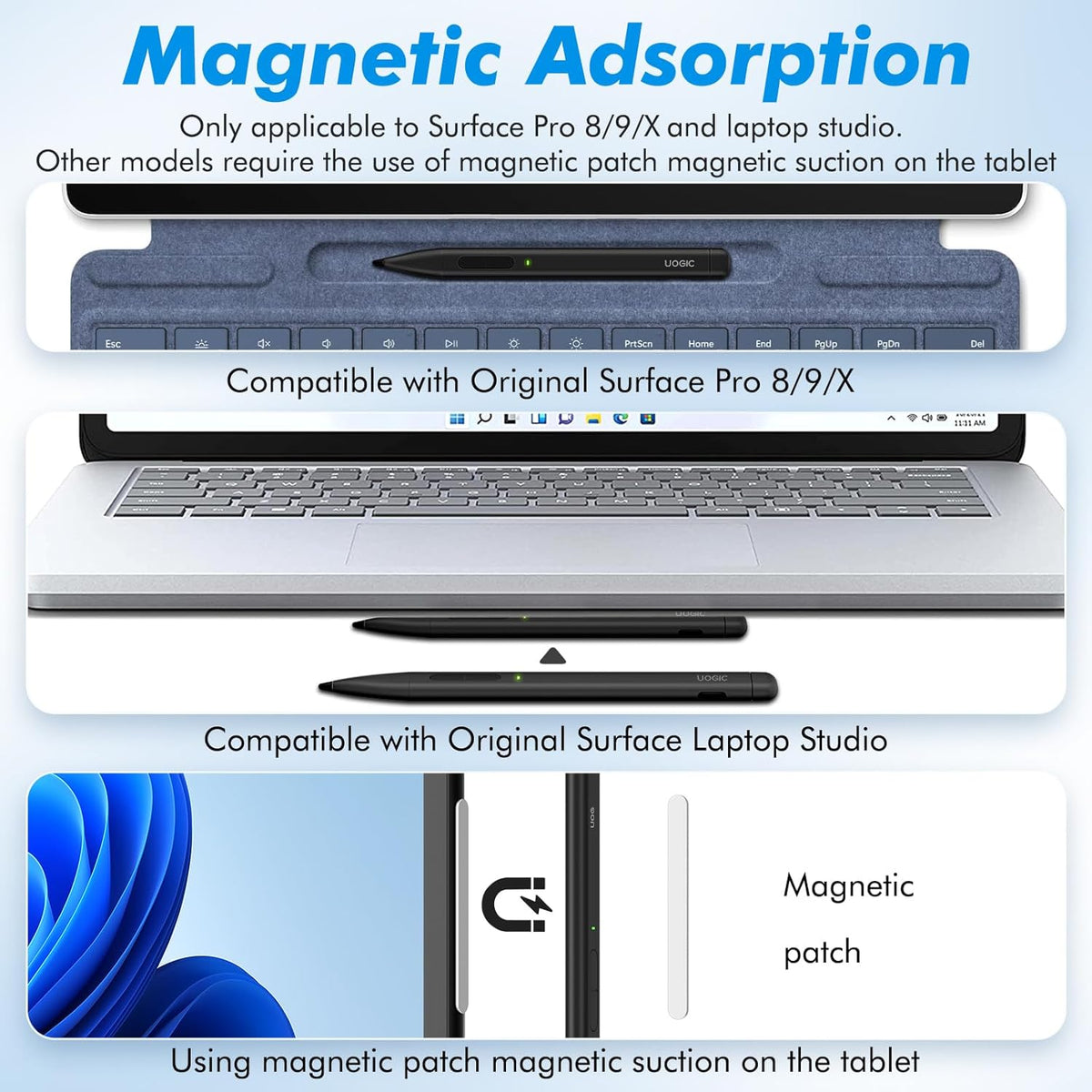 Uogic Slim Pen 2 for Surface, with 4096 Pressure, Erase & Right-Click, Palm Rejection for Surface Pro (4th/5th/6th/7th/7+/8th/9th/10th Gen), Surface Duo (1st/2nd Gen), Surface Book (1st/2nd/3rd Gen)