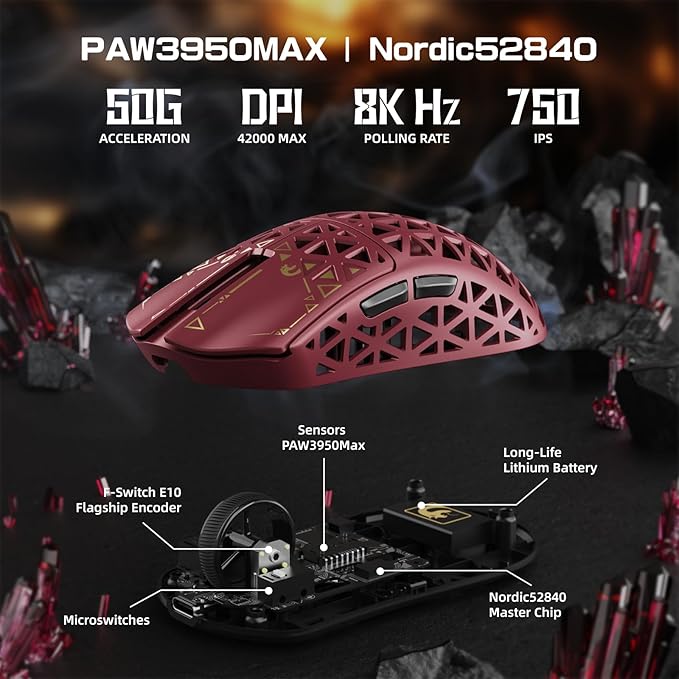 MAMBASNAKE M5 Ultra Carbon Fiber 8000Hz Wireless Gaming Mouse 39g Superlight 42000DPI PAW3950MAX Sensor Nordic 52840 Chip Bluetooth/2.4G/USB-C Wired Mice with Coiled Cable for PC/Mac (Red)
