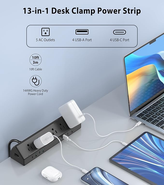 Jgstkcity Desk Clamp Power Strip USB C 45W,8 USB,10FT Cable,Black
