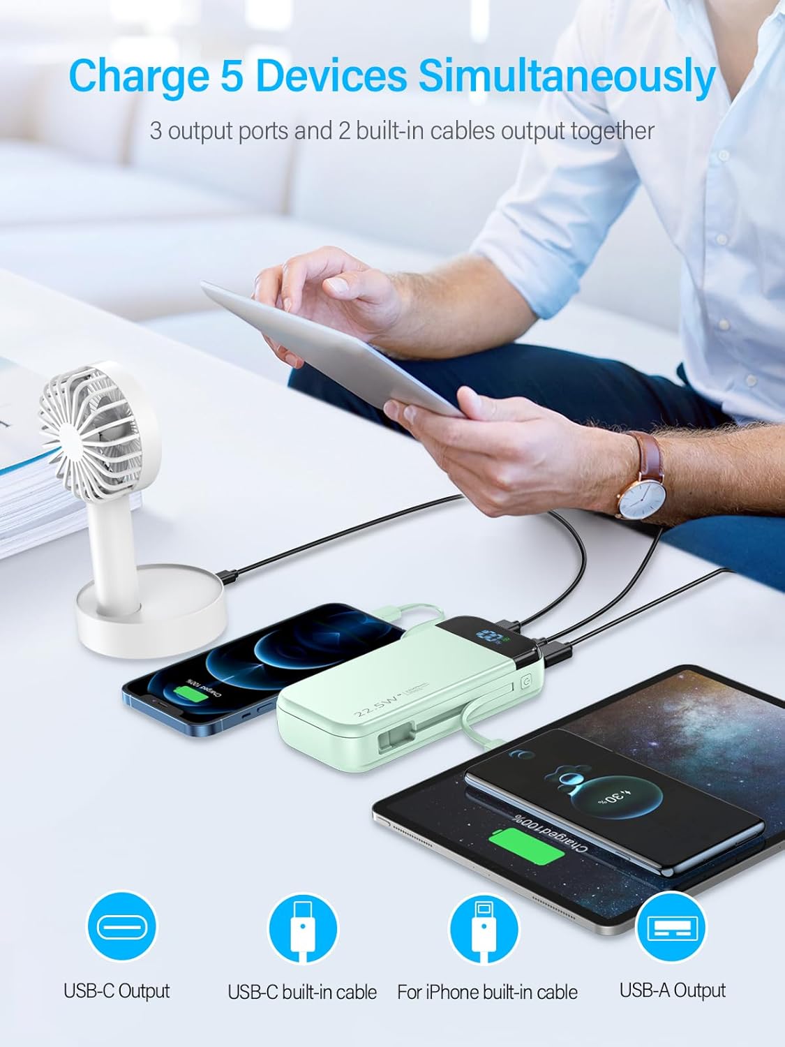 Portable Charger 32000mAh, 22.5W QC 3.0 PD 20W Smart LED Display Fast Charging Built in Cables Power Bank, External Battery Pack Charge 5 Devices Compatible with Cellphones (Green)