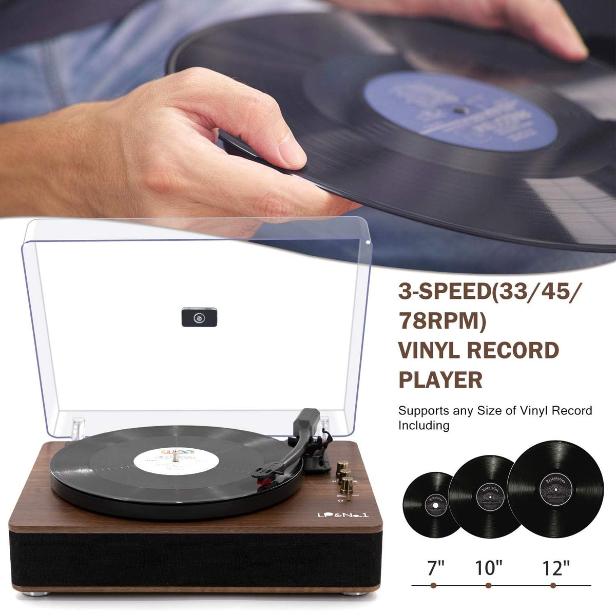 LP&No.1 Record Player with Stereo Speakers, 3-Speed Belt-Drive Turntable for Vinyl Records with Wireless Playback and Auto-Stop,Walnut Wood