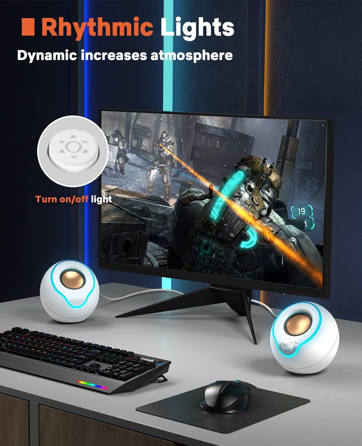 LENRUE Computer Speakers, PC Speakers with Colorful Lights Button, Volume Knob, 45 ° Tilt, Loud Sound, AUX and USB Powered for PC Desktop Monitor Laptop