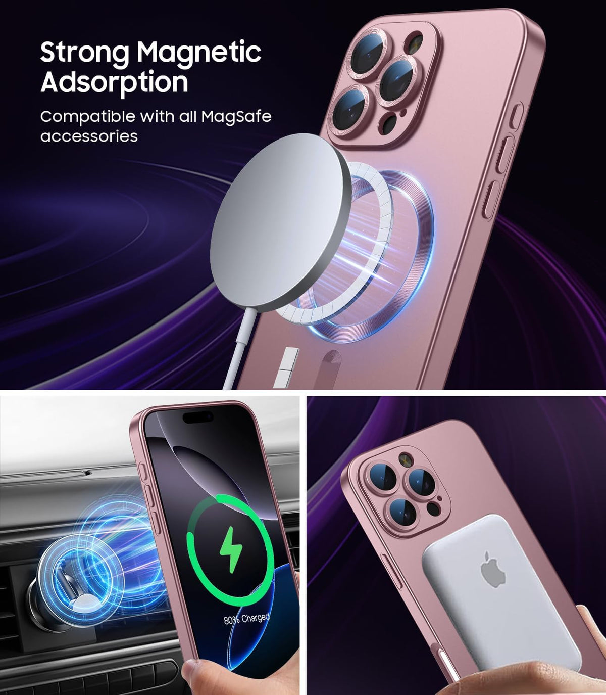 Magnetic for iPhone 16 Pro Max Case [Compatible with MagSafe][Built-in Camera Lens Protector] Slim Soft Silicone Bumper Shockproof Metallic Luster Phone Case (Rose Gold)