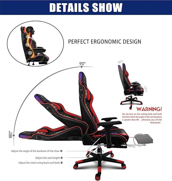 TBQATNTS Massage Gaming Chair with Speakers Ergonomic Pro Gaming Chair with Headrest and Lumbar SupportReclining Computer Chair with Footrest and RGB LightsVideo Game Chair for Adults Kids.Black