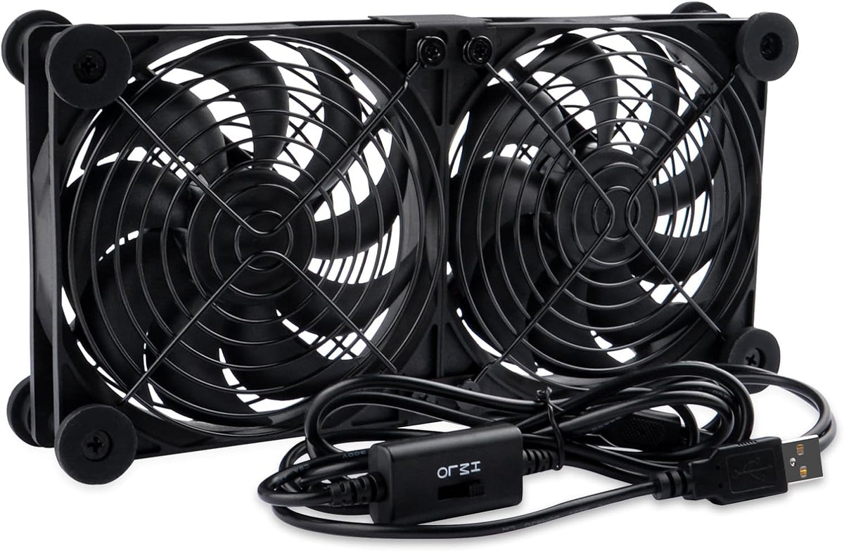 120mm 3-Degree 5V Quiet Dual Router Fan Cooler with L/M/H Speed Controller, DC USB Powered Cooling Case Fan for Router