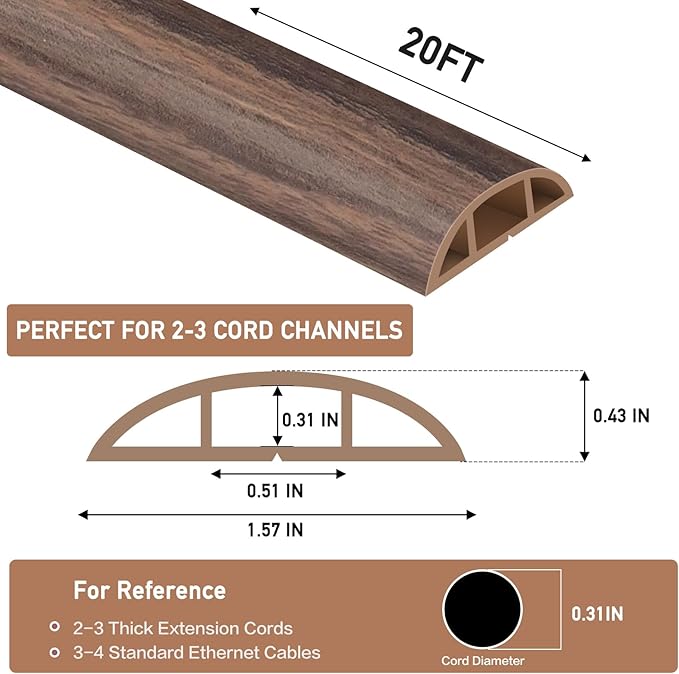 Floor Cord Cover Self Adhesive Cord Hider Floor Extension Cord Covers for Floor Power Cord Protector Cable Management Prevent Cable Trips Cable Cavity 0.51" W x 0.31" H (Smoked Brown Wood, 20Ft)